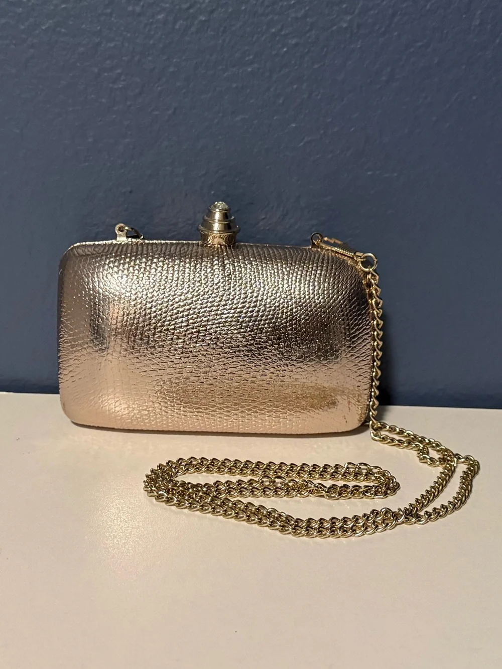 Metallic Rose Gold Hard Case Evening Clutch Bag Minaudiere Gold Chain Strap